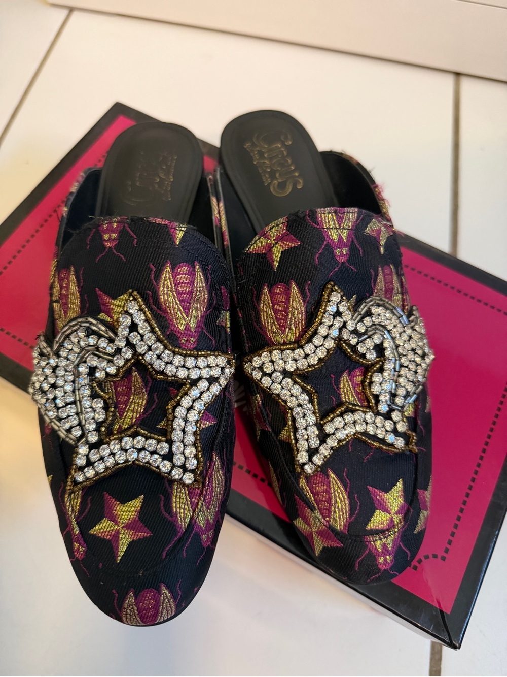 Circus by Sam Edelman Black Mules with Gold & Magenta Star Accents